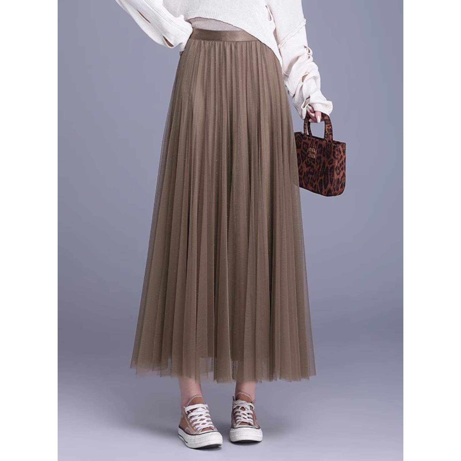 卡其色纱裙2025春季新款网纱半身长裙两面穿A字百褶裙大摆仙女裙