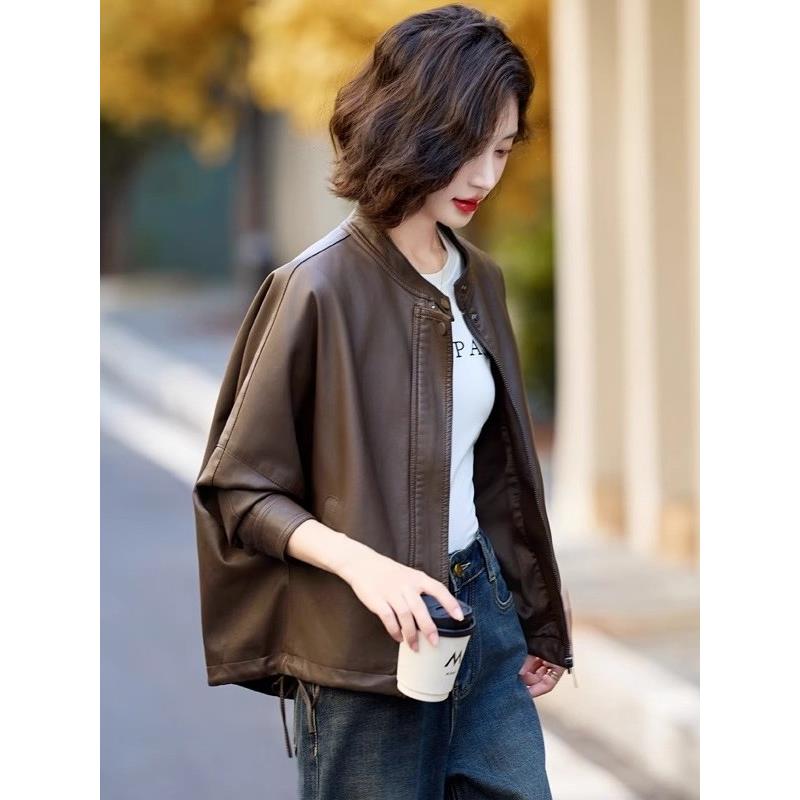 香港TIMO美拉德皮衣外套女春秋短款宽松休闲覆古真皮机车夹克上衣