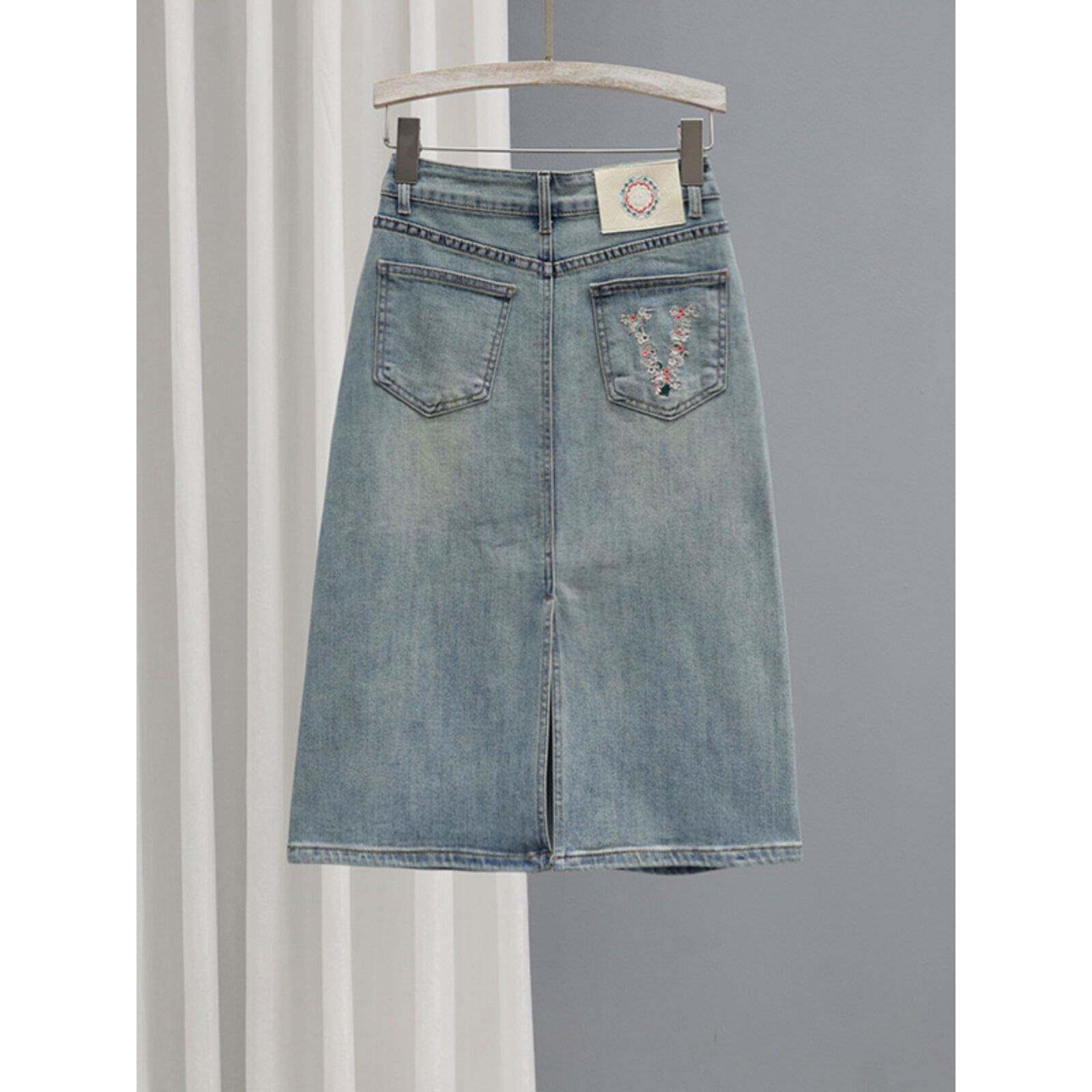 Rouje Tusse后翻盖口袋裤绣花字母中长牛仔裙夏季修身Look后开衩