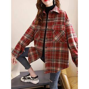 小香风格子衬衫外套女2023秋冬新款宽松时尚中长款磨毛加厚衬衣