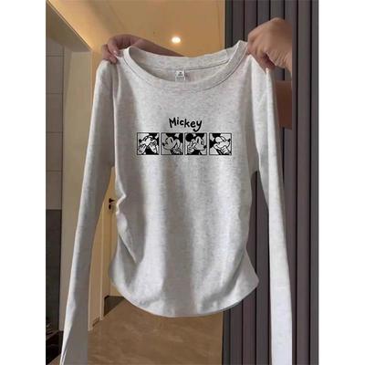 韩国设计感褶皱收腰纯棉长袖t恤女2025新款白色上衣打底衫秋冬季