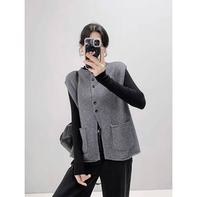 25年秋冬新款山羊绒马甲女圆领无袖背心宽松针织毛衣坎肩外套上衣