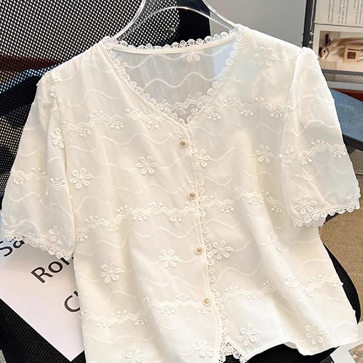 香港TIMOV领立体花朵短袖衬衫女2025夏季新款设计感泡泡袖上衣