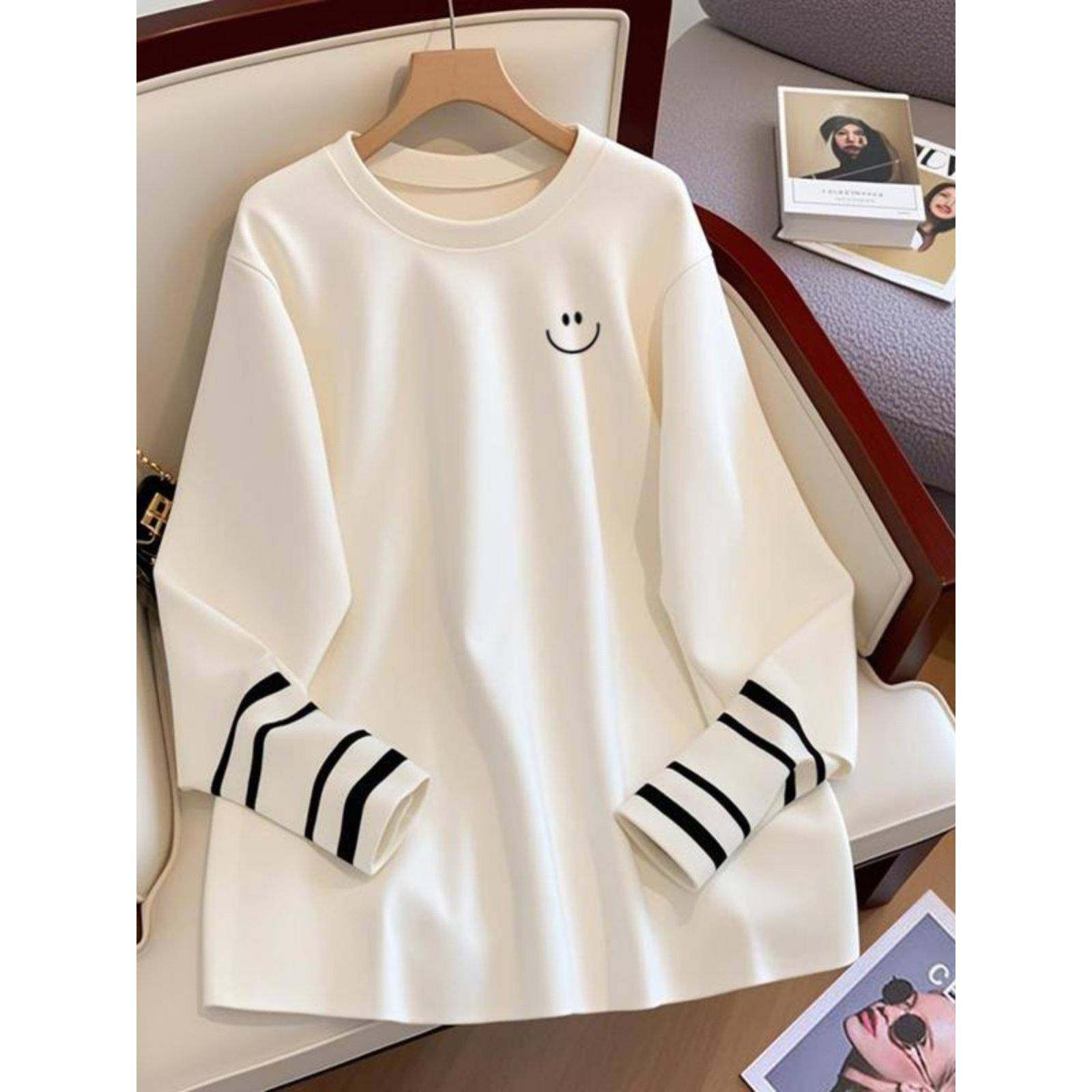 欧洲站白色拼接长袖T恤女2025新款春秋冬季宽松中长款内搭打底衫