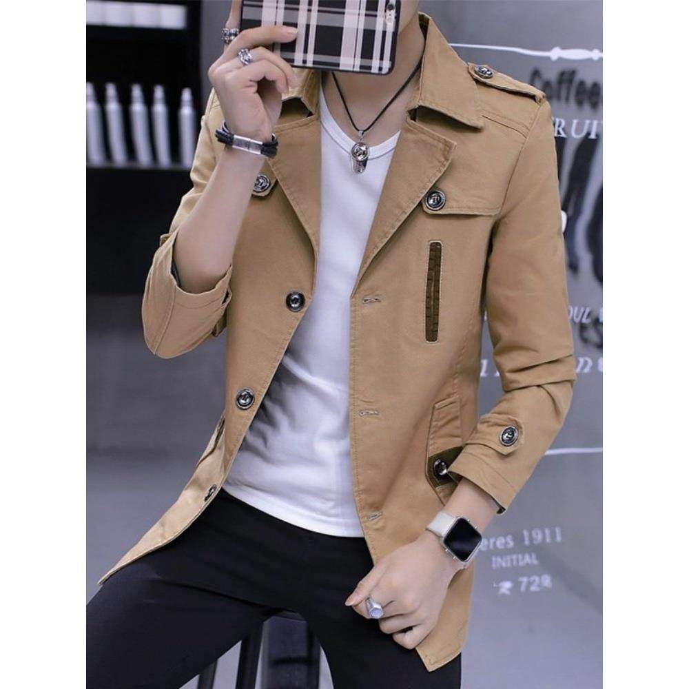 潮牌商务休闲夹克男士外套韩版百搭帅气男装纯色中长款风衣西装领,男装,夹克,淘宝优惠券,粉丝福利购,淘宝优惠卷
