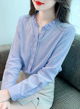 香港TIMO立领长袖纯棉衬衫女2024春季洋气设计感百搭女士上衣小衫