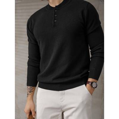 潮流气质范黑色亨利领修身针织衫男休闲百搭长袖打底毛线衣