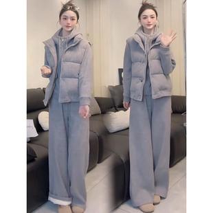 香港代购加绒加厚休闲套装女冬季新款连帽卫衣棉马甲阔腿裤三件套