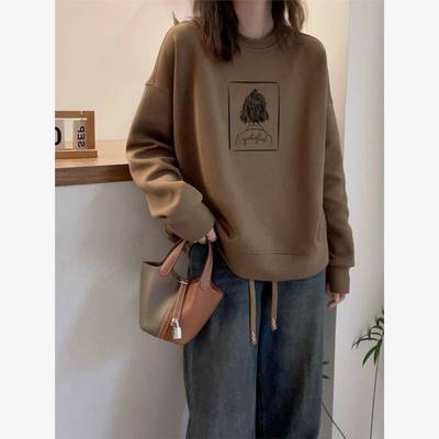 韩国复古咖啡色圆领套头加绒加厚卫衣女纯棉秋冬宽松小个子外套潮