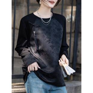 高端新中式黑色国风内搭盘扣T恤女2025春秋季新款宽松打底衫上衣