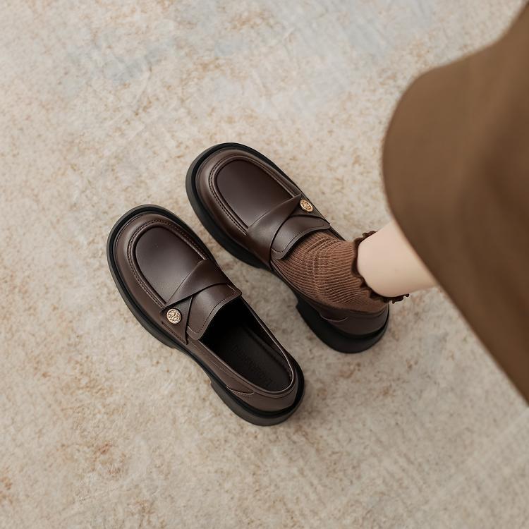 真皮乐福鞋女英伦风小皮鞋软底2024秋季新款粗跟单鞋厚底一脚蹬子