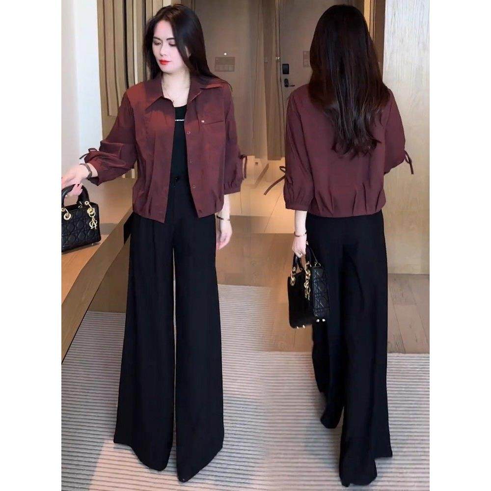 香港代购时尚套装女秋季新款显瘦短款衬衫外套阔腿裤气质两件套潮