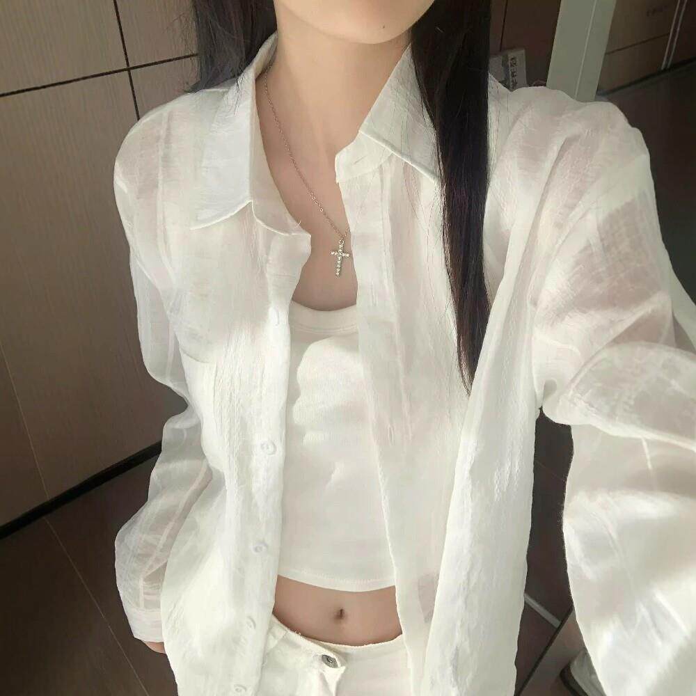 韩国白色衬衫女夏季2026雪纺长袖宽松罩衫亚麻衬衣薄款防晒服外套