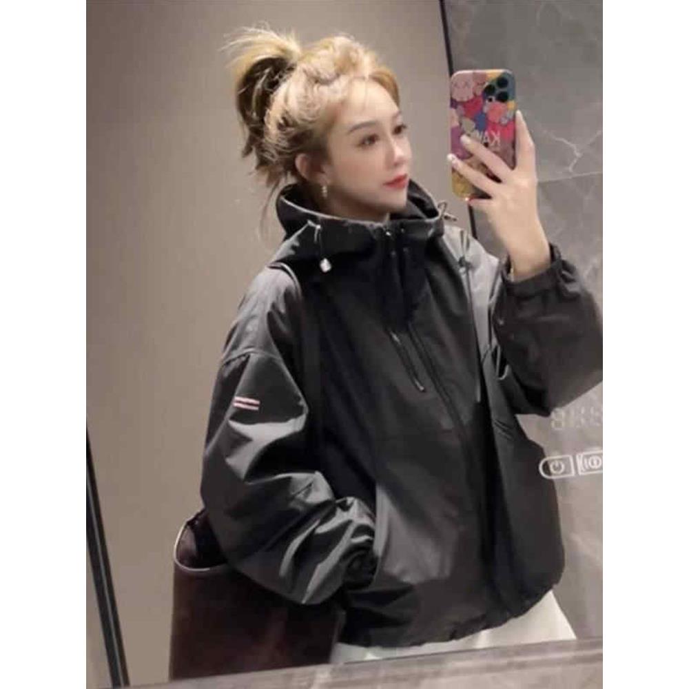 ROUJE ESVIP连帽长袖冲锋衣短外套女春秋季新款上衣