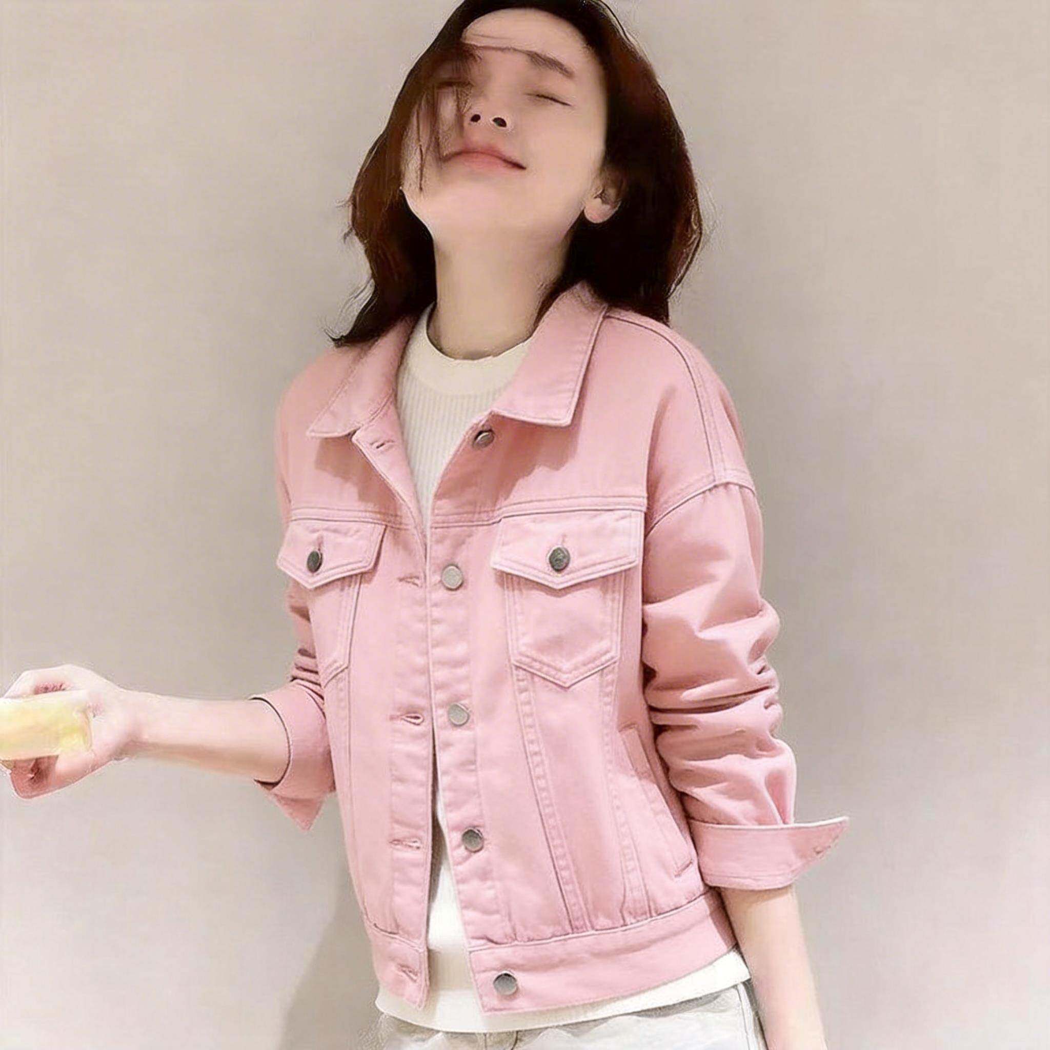 韩国粉红色牛仔外套女春秋短款小个子宽松收腰2026年新款洋气褂子