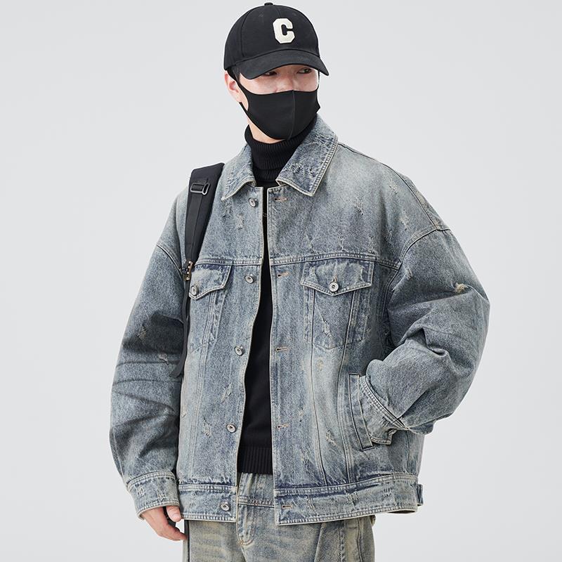 复古潮牌牛仔羽绒服男冬季新款轻薄宽松水洗做旧浅色痞帅夹克外套