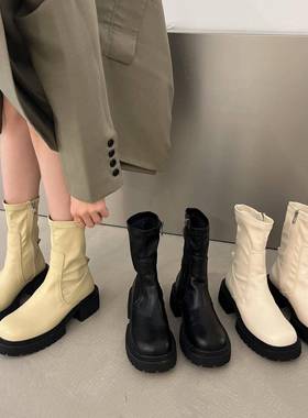 潮牌白色厚底马丁靴覆古法式晚风踝靴高跟鞋圆头中筒瘦瘦靴女短靴