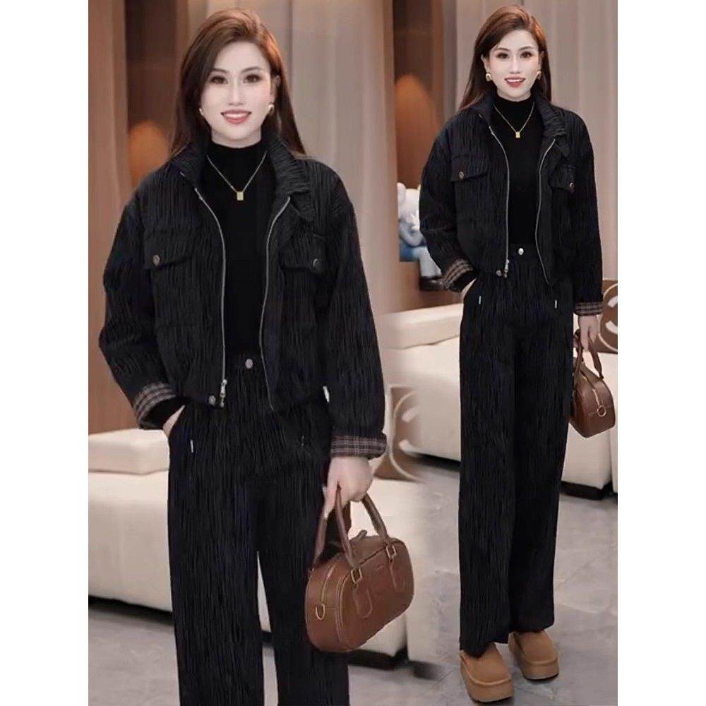 香港代购时尚雪尼尔套装女冬季显瘦夹棉加厚短款外套阔腿裤两件套