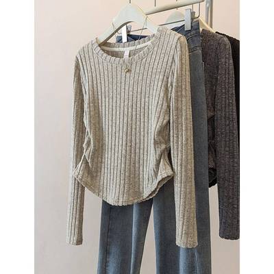 韩国卡其色褶皱长袖针织打底衫女2025秋新款大码修身巨显瘦上衣潮