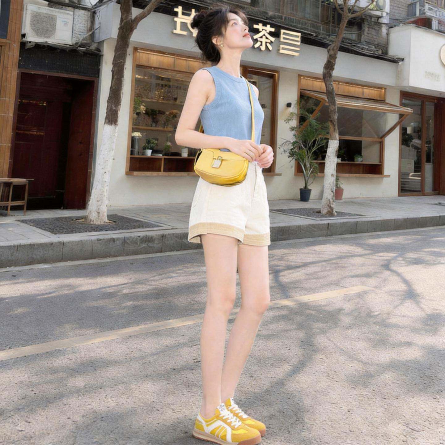 拼色ins超火牛仔短裤女夏季薄款高腰弹力a字小个子四分裤辣妹热裤