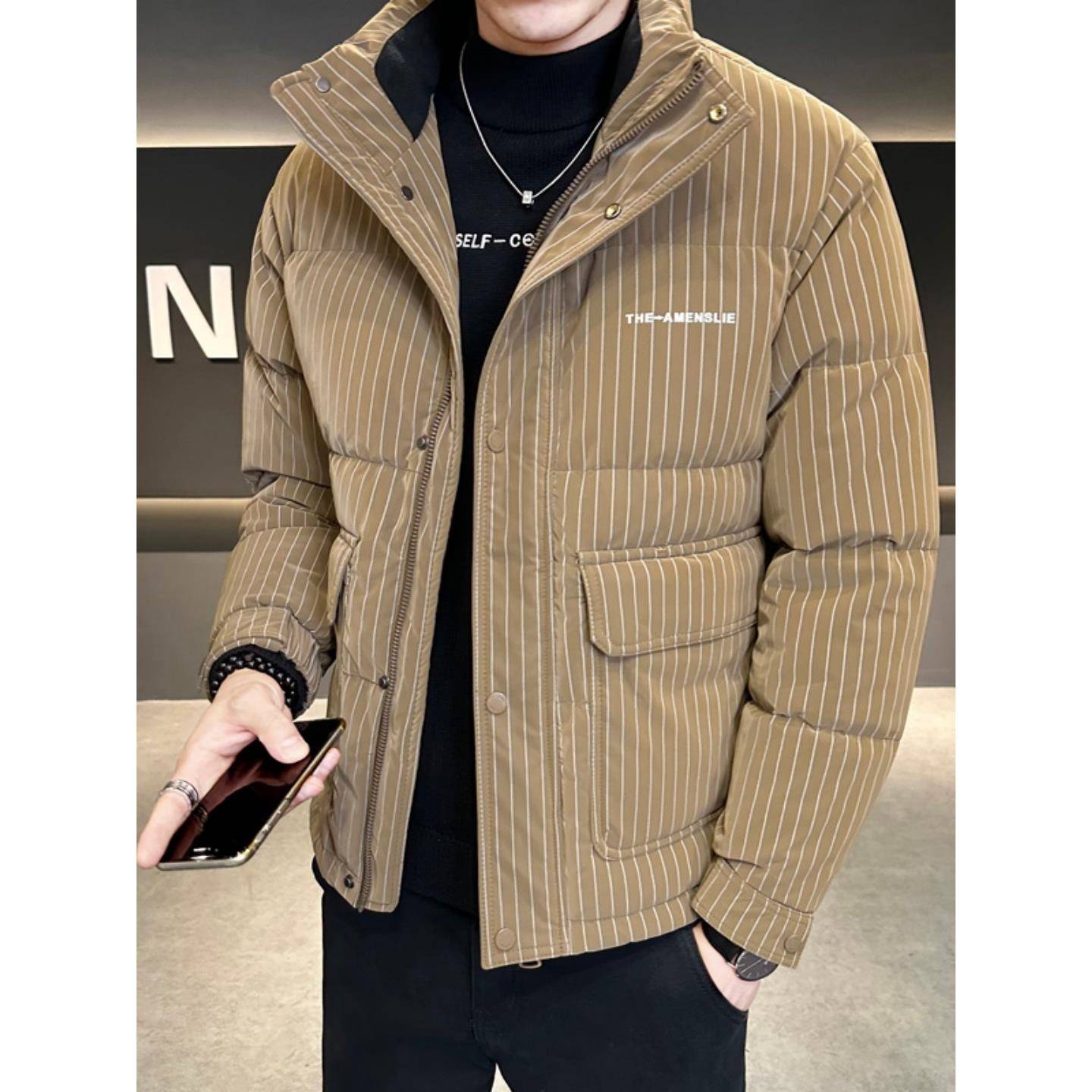 高端立领羽绒服男冬季加厚潮流条纹男士短款白鸭绒保暖防寒皮外套