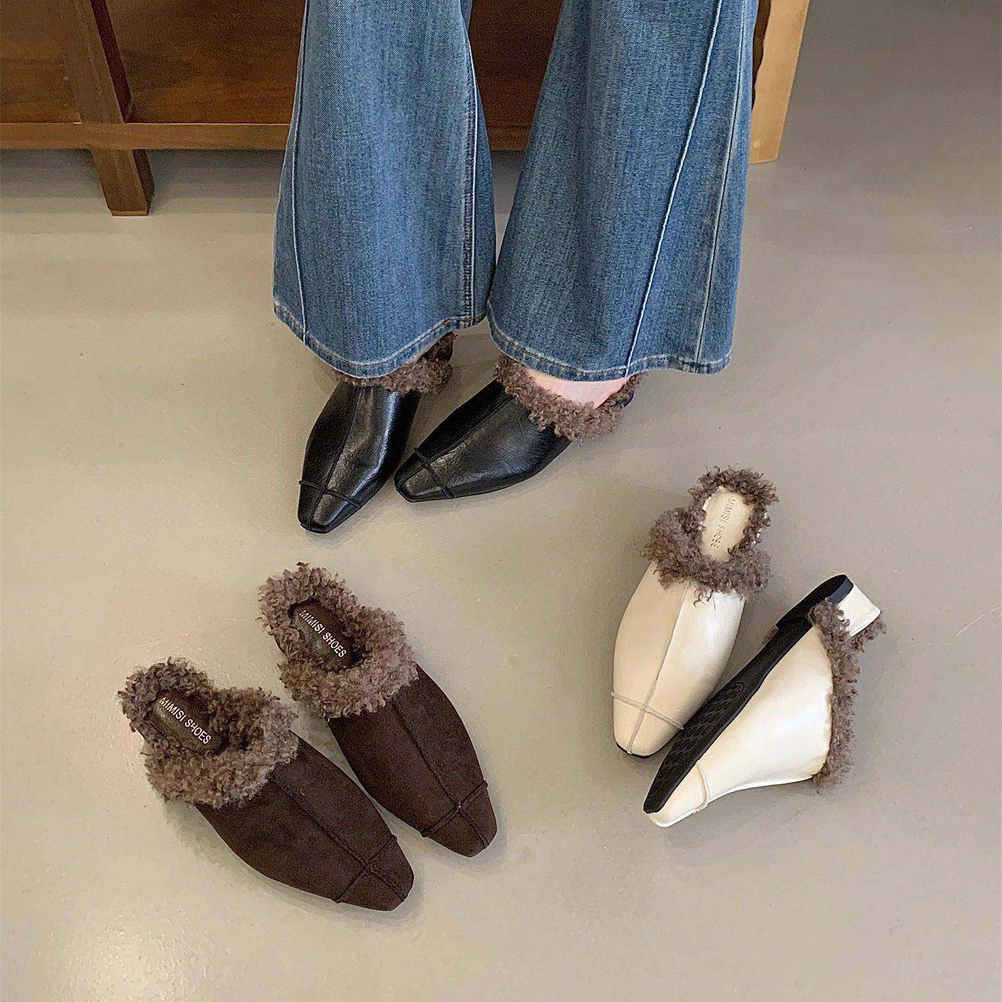 潮牌秋冬新款小方头复古低跟加绒保暖法式单鞋女棉鞋包头半拖鞋,女鞋,包头拖,淘宝优惠券,粉丝福利购,淘宝优惠卷