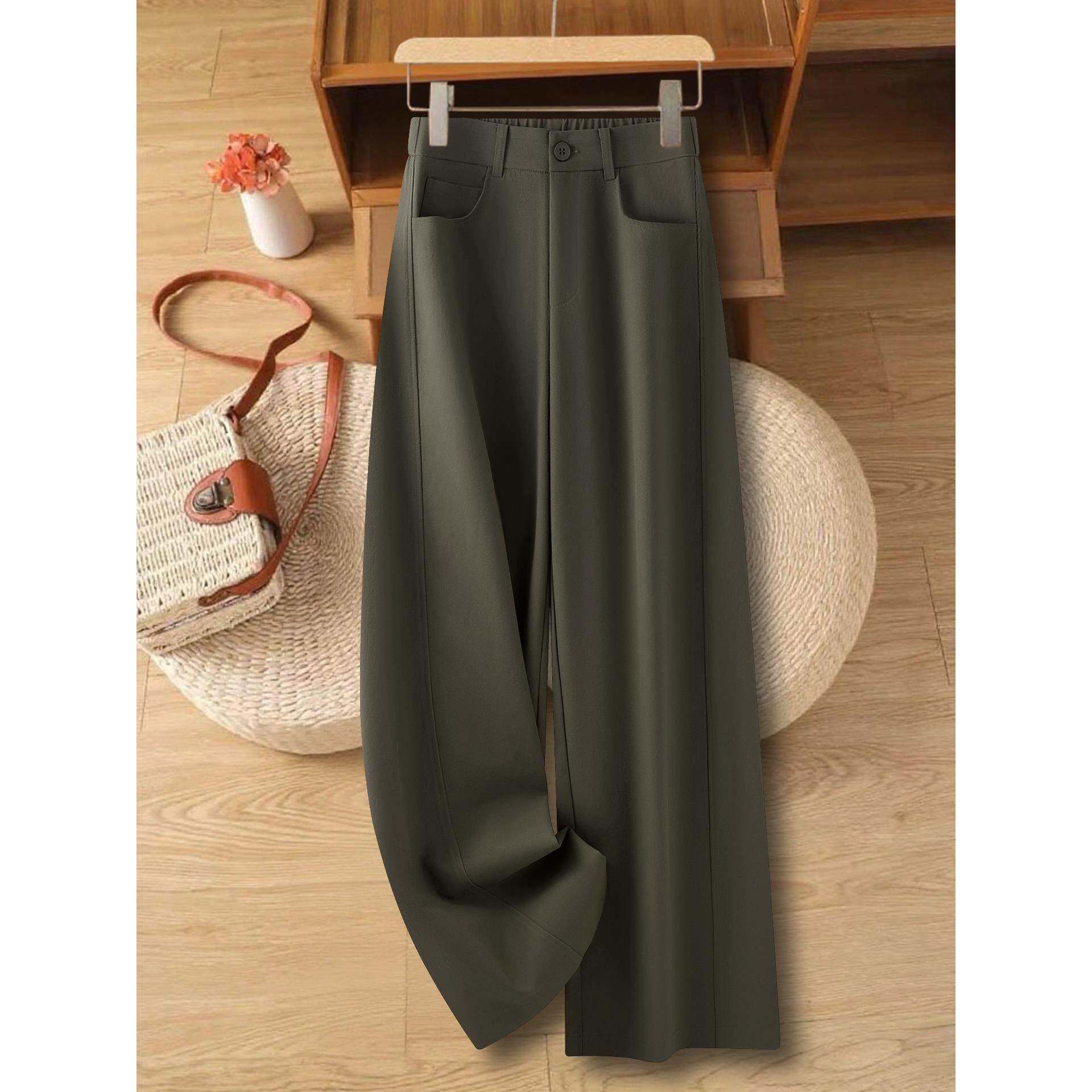 高档轻奢橄榄绿钛金棉西装阔腿裤女士秋季新款百搭高腰垂感直筒裤