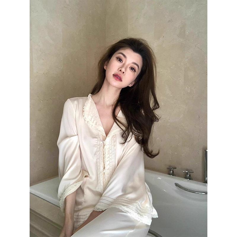 轻奢法式甜美高级感真丝睡衣女长袖春秋2026新款桑蚕丝家居服套装
