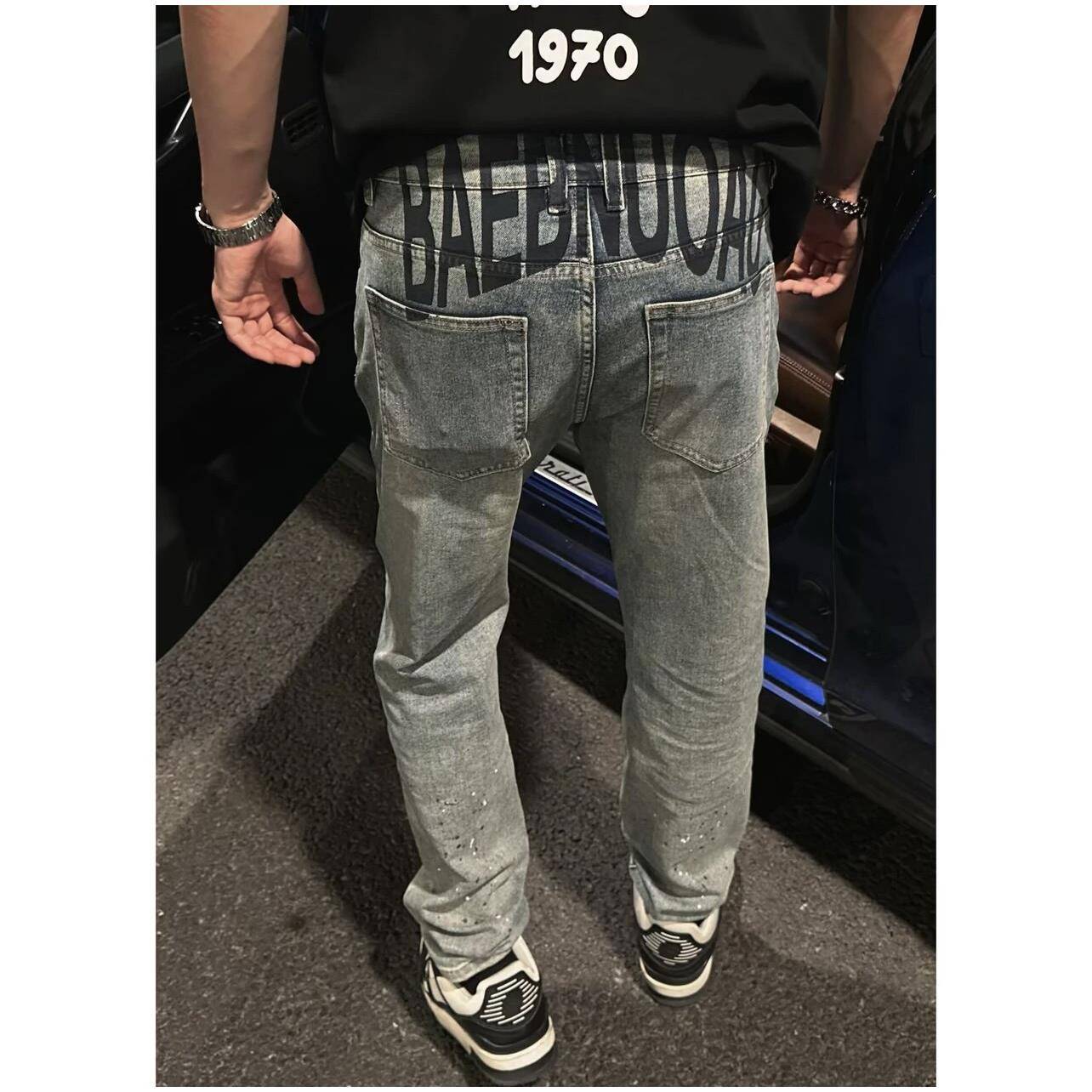 春秋新款欧洲站复古时尚泼墨牛仔裤男士直筒弹力青春休闲长裤子