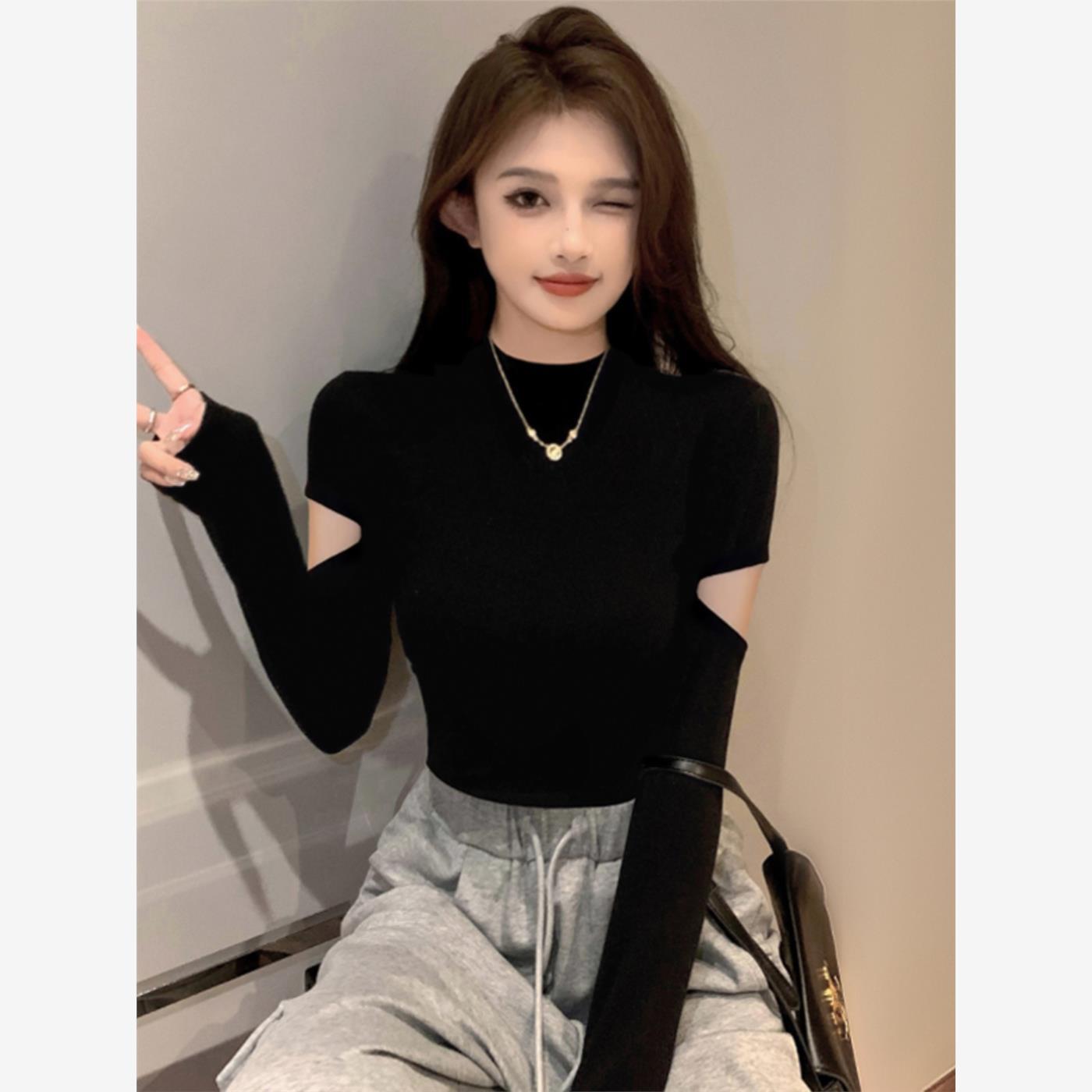 韩国螺纹黑色半高领打底衫女秋冬设计感长袖t恤针织紧身短款上衣