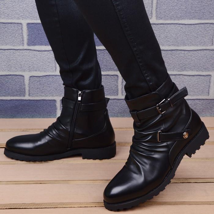 意大利高端手工皮靴尖头马丁靴男士短靴高帮真皮牛仔靴潮流男靴子