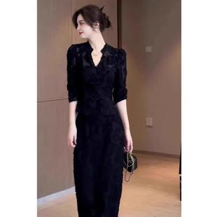 欧洲站2025新的小众设计女装冷风格独特别致的裙子黑色长袖连衣裙