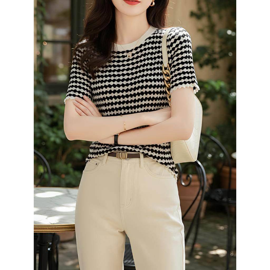 黑白格子冰丝针织短袖t恤女夏季修身显瘦时尚洋气独特超好看小衫