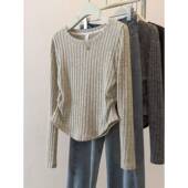 针织打底衫 女2025秋新款 大码 韩国卡其色褶皱长袖 修身 巨显瘦上衣潮