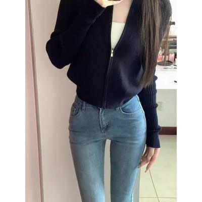 ROUJE ESVIP黑色拉炼针织开衫外套女秋冬外搭毛衣修身打底衫上衣