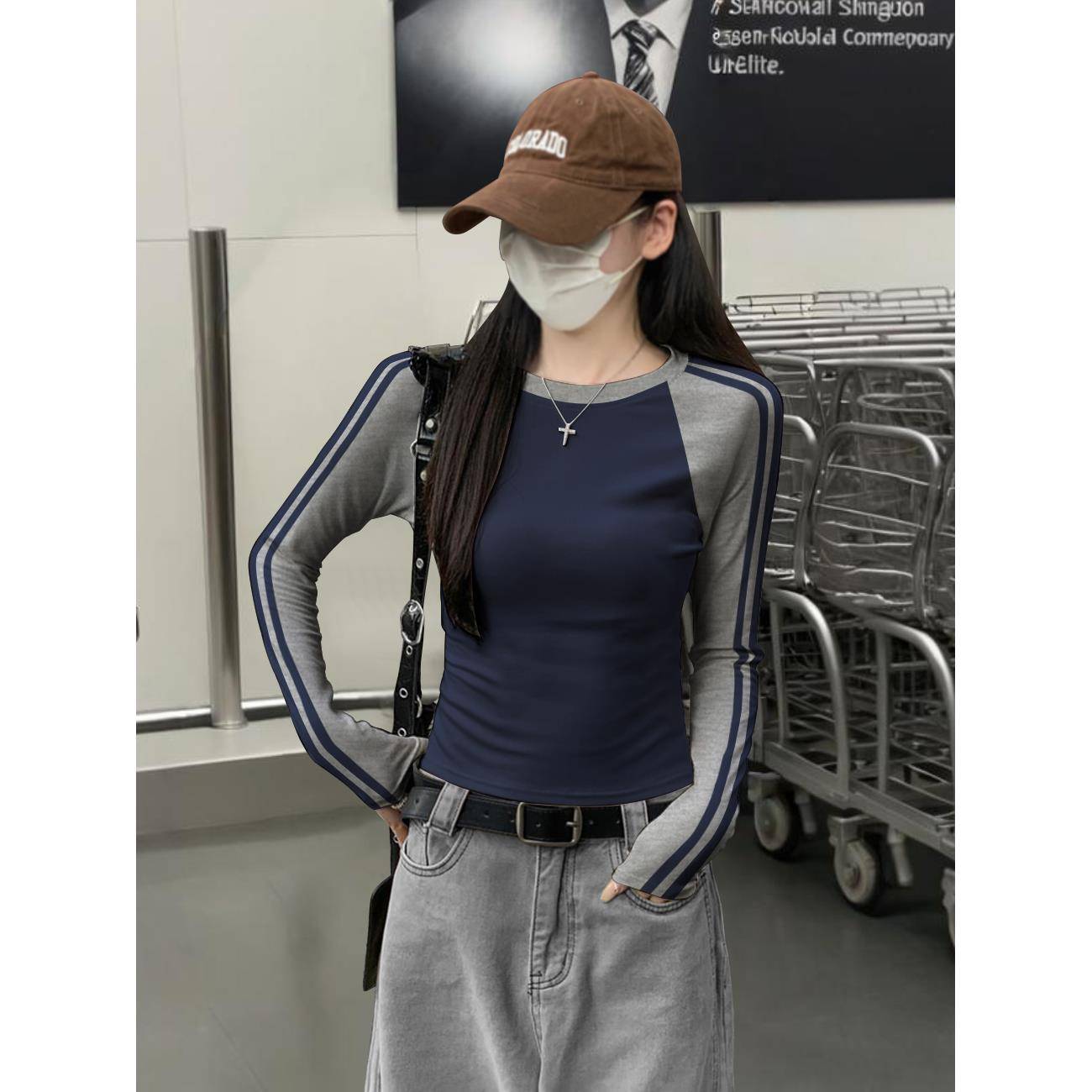 韩国Honey koko⭐美式插肩长袖t恤女春秋修身打底衫纯棉条纹上衣