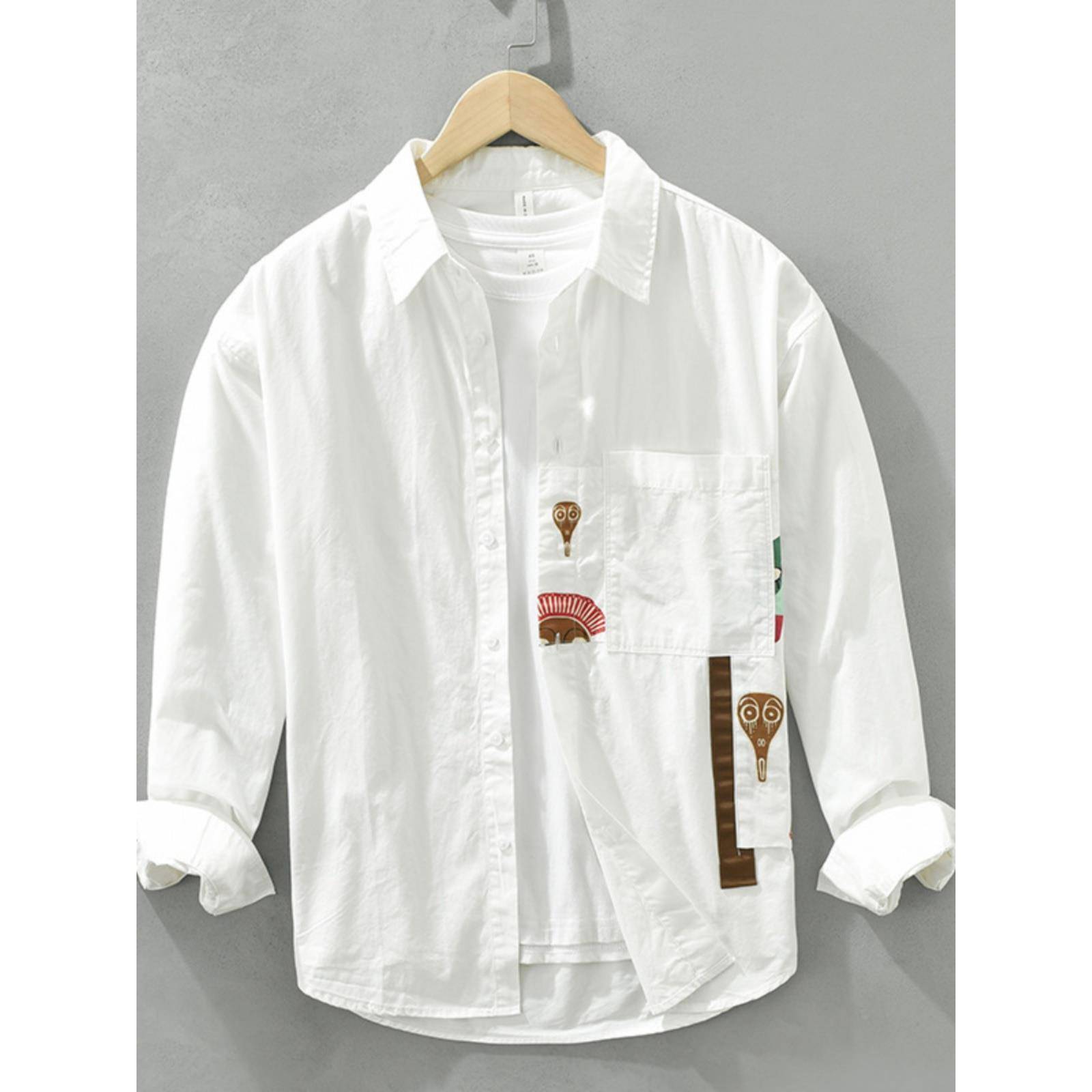 香港日系印花设计感长袖衬衫男宽松高级感休闲全纯棉衬衣外套白色