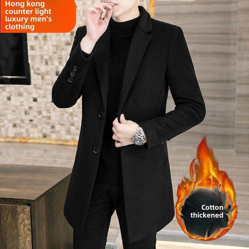 大衣男式冬季增厚保暖经典韩式修身中长风衣男式羊毛外套