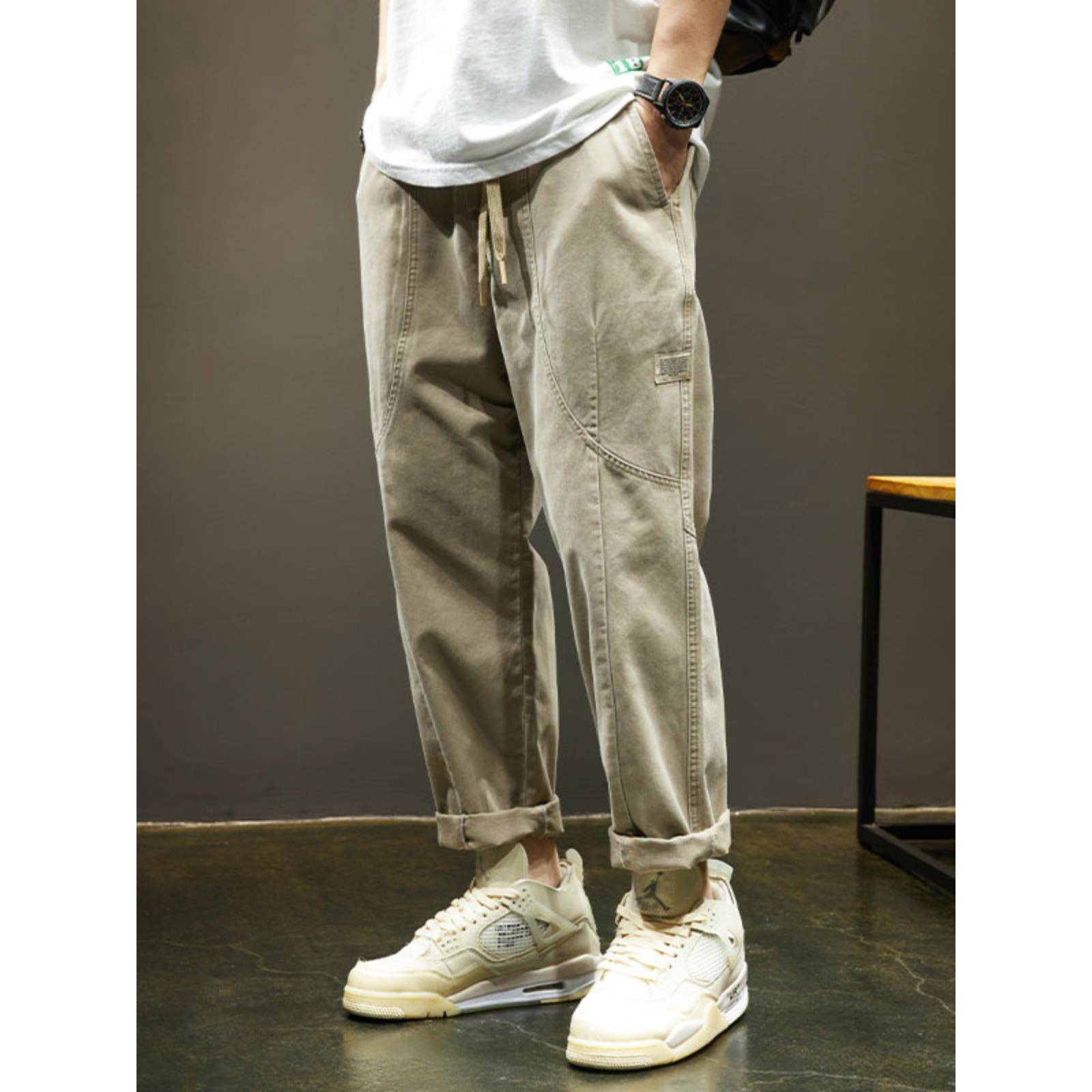 it neith BIAS潮牌春秋卡其色工装裤男休闲大码直筒九分裤子哈伦