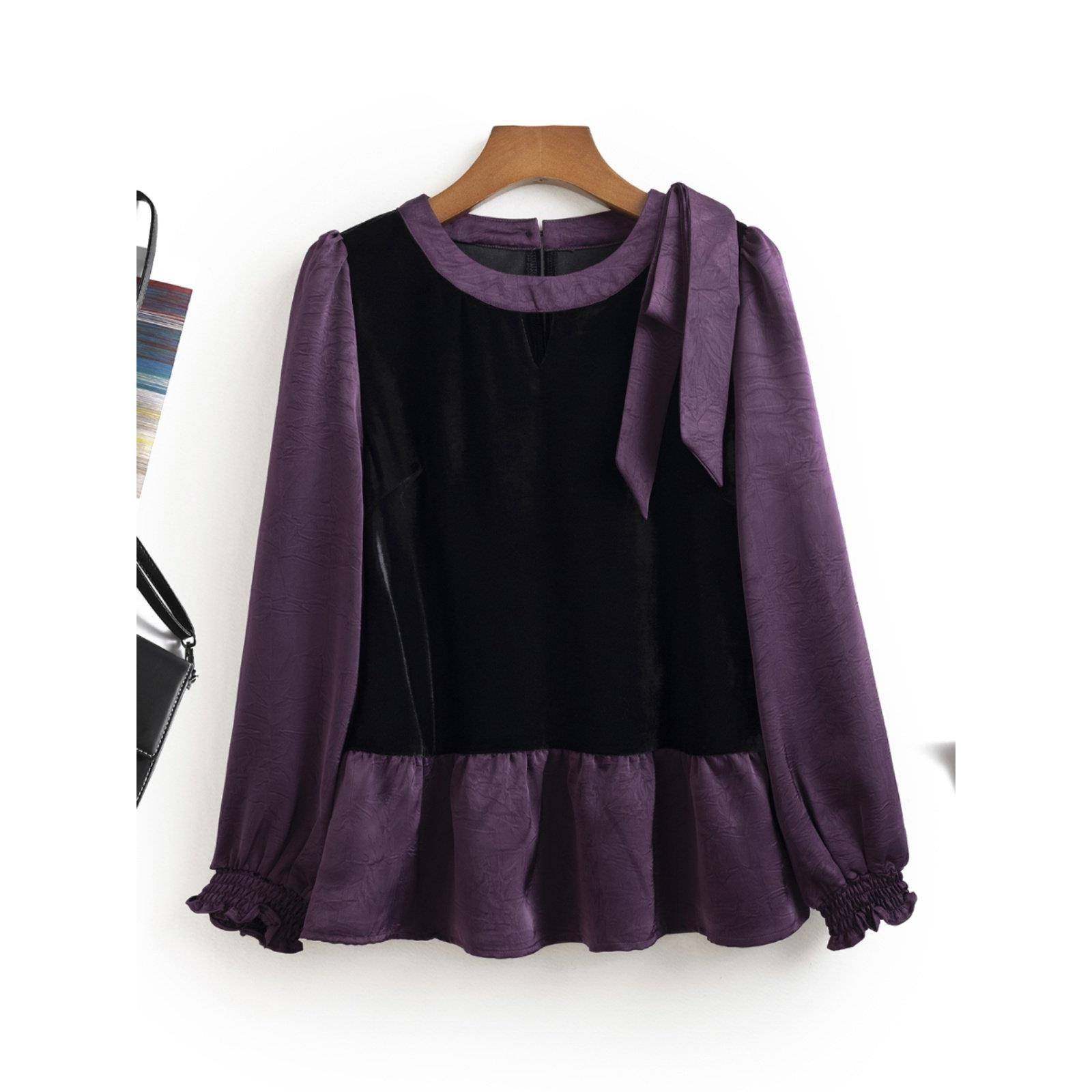 韩国优雅气质法式撞色荷叶下摆拼接丝绒衬衫打底上衣女士秋冬新款