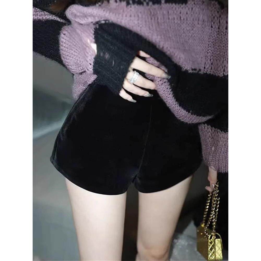 2025新款秋冬季黑色高腰显瘦丝绒短裤女外穿a字阔腿打底休闲裤子