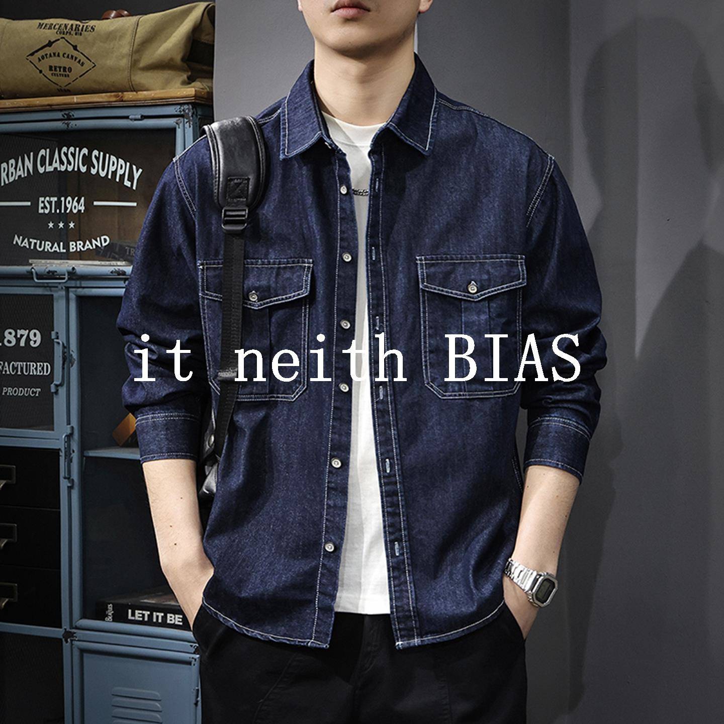 it neith BIAS2025秋新款辑明线复古牛仔衬衫男宽松纯棉工装衬衣
