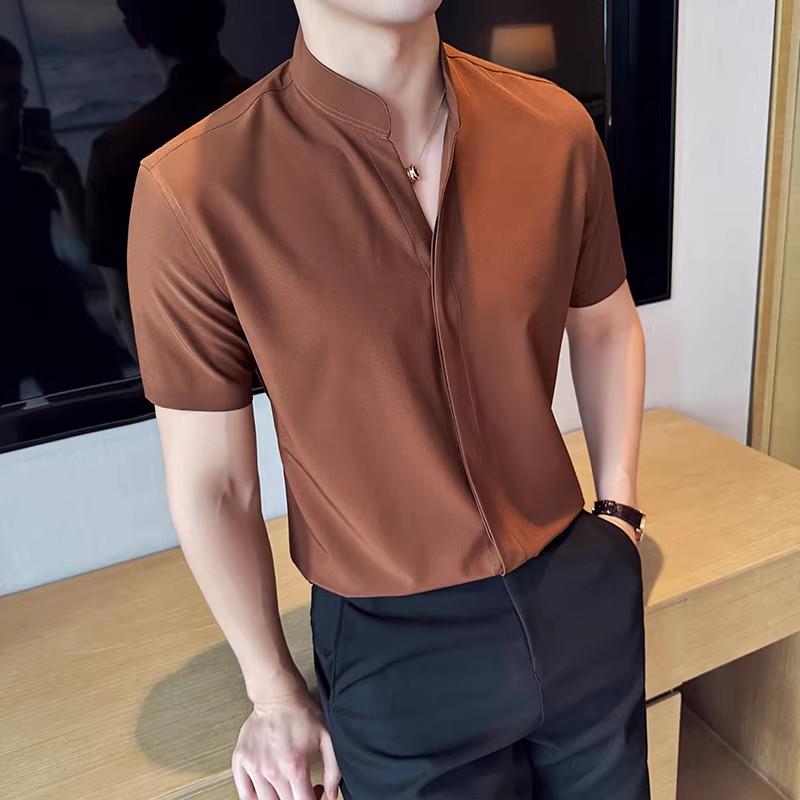 原棉部落 立领短袖衬衫男士夏季薄款冰丝高级感通勤潮流休闲衬衣