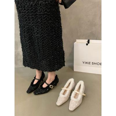 香港气质毛毛鞋女外穿女鞋子2025新款冬季覆古加绒低跟玛丽珍单鞋