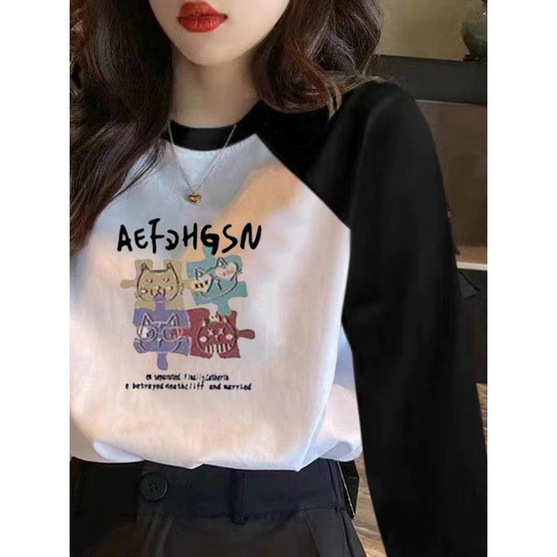 欧洲站黑白插肩袖打底衫T恤女2025新款春秋冬加绒大码上衣潮