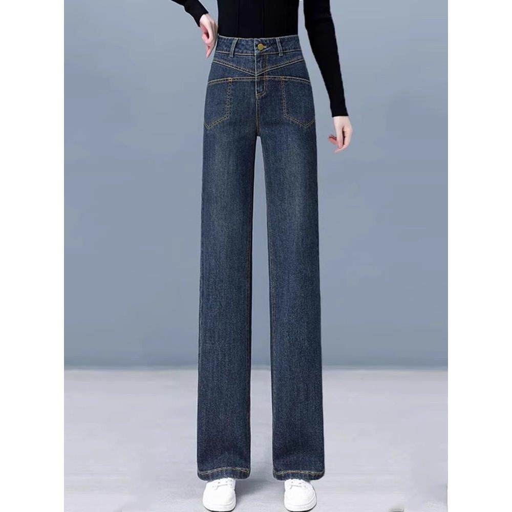 牛仔阔腿裤女士2025春秋新款加绒加厚垂感小个子休闲窄版直筒长裤