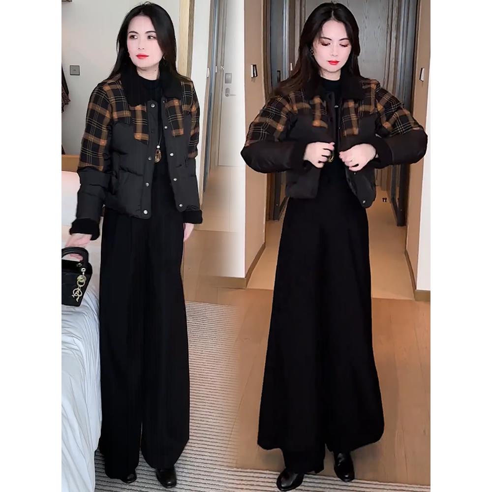 香港代购时尚羽绒棉服女冬季新款宽松格子拼接保暖面包服棉袄外套