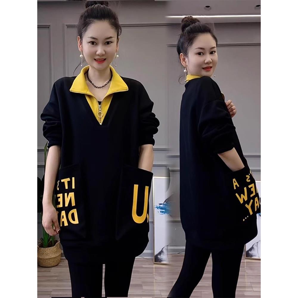 香港代购时尚长袖卫衣女秋季新款宽松中长款立领口袋印花休闲上衣