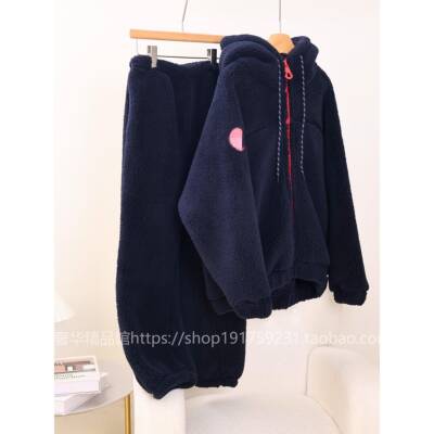 零下20度外穿三层加绒加厚睡衣女冬季休闲运动风保暖连帽家居服男