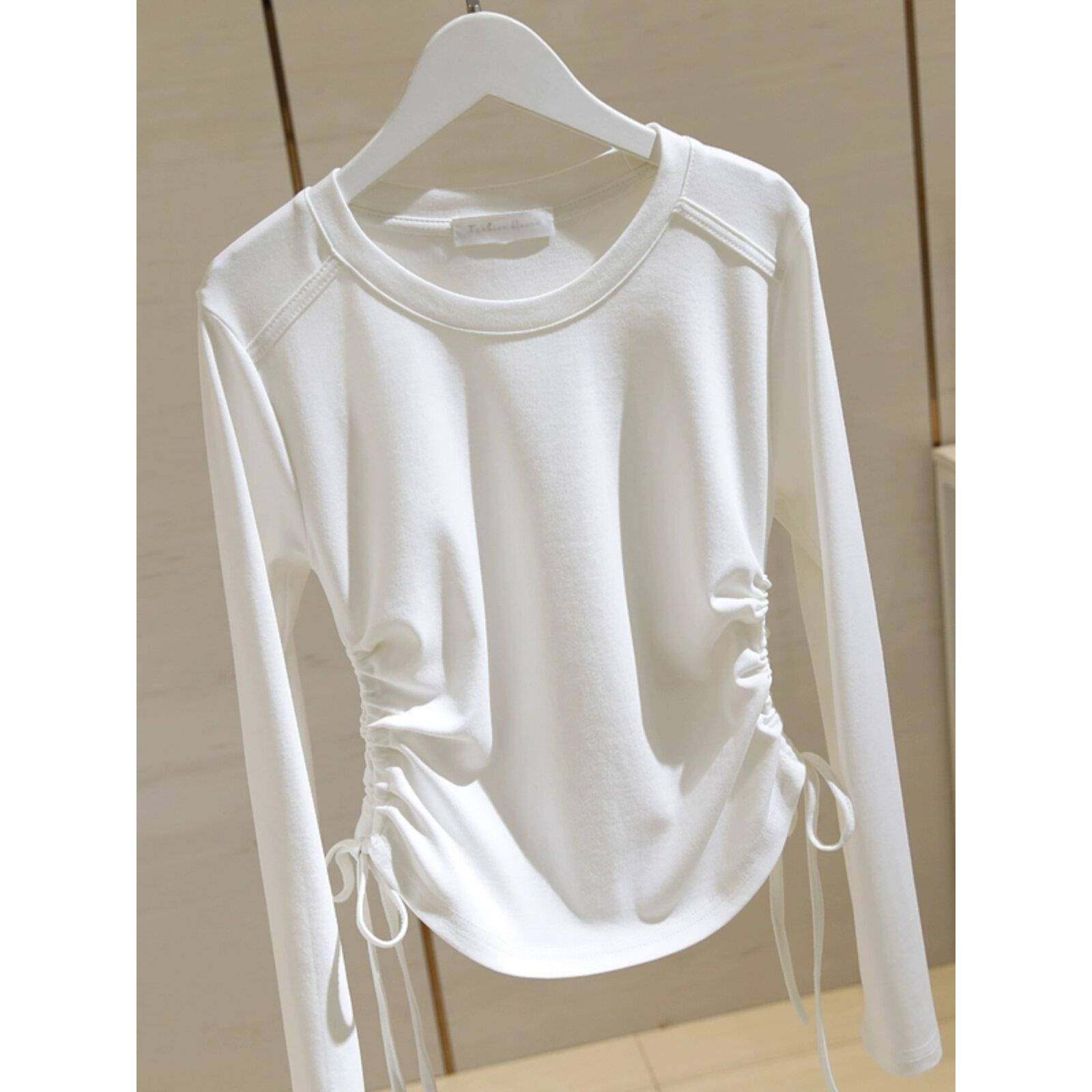 CULV圆领t恤女外穿长袖秋季新款修身显瘦百搭抽绳褶皱打底衫上衣,女装/女士精品,T恤,淘宝优惠券,粉丝福利购,淘宝优惠卷